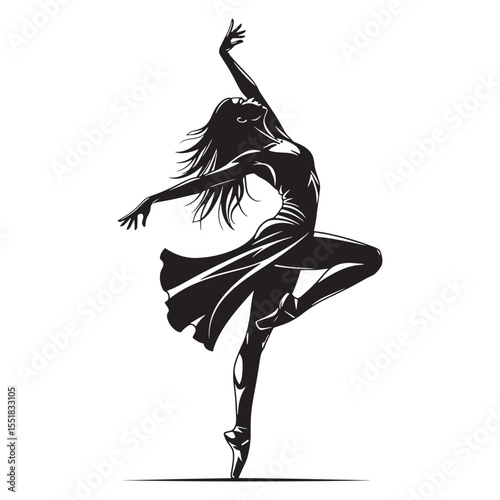 Elegant silhouette of a ballerina dancing gracefully in a flowing dress on a white background