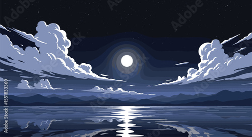 Serene Moonlit Night Over Calm Water Reflection Landscape
