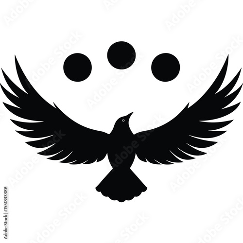 A silhouette of a bird with wings spread under three circles
