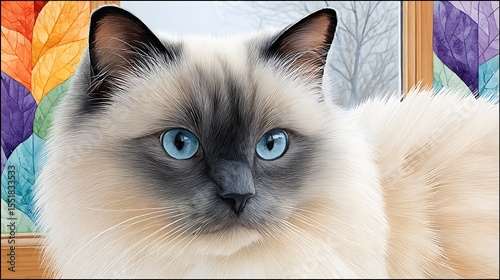 Cozy Ragdoll Cat in Watercolor Style in a Dimly Lit Room with Vibrant Leaves