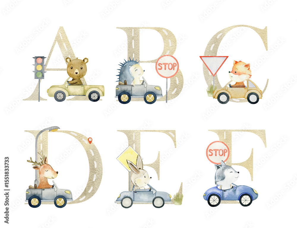 custom made wallpaper toronto digitalWatercolor woodland animals in the cars letters for invitation card, nursery poster and other.