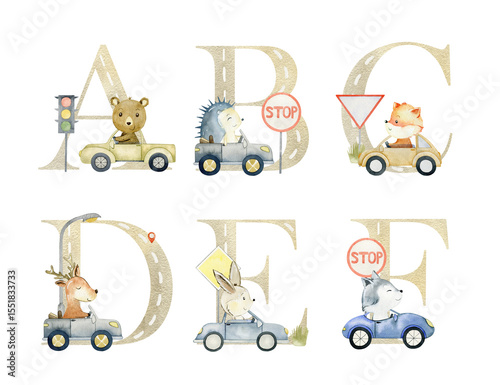 Wallpaper Mural Watercolor woodland animals in the cars letters for invitation card, nursery poster and other. Torontodigital.ca