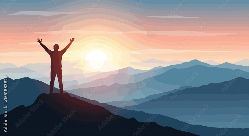 Silhouette of a person celebrating on a mountain peak at sunrise Silhouette of a person celebrating on a mountain peak at sunrise
