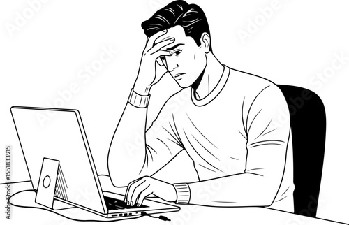 Focused Businessman Thinking at Desk with Laptop – Black and White Vector Illustration