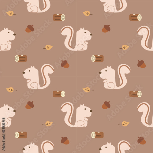 Squirrel cartoon so cute. On log leaf acorn brown background. Pattern seamless vector illustration. 