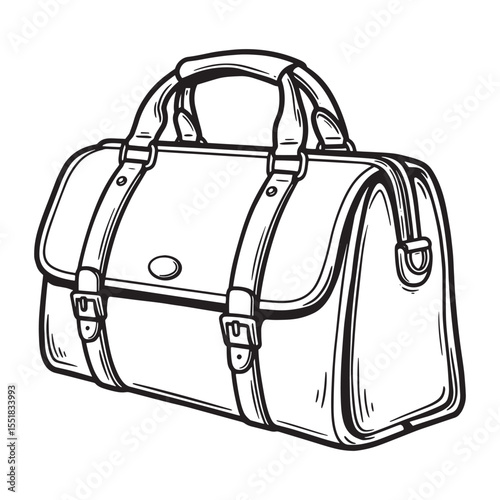 Hand drawn ink sketch of a vintage travel bag with handles and straps isolated