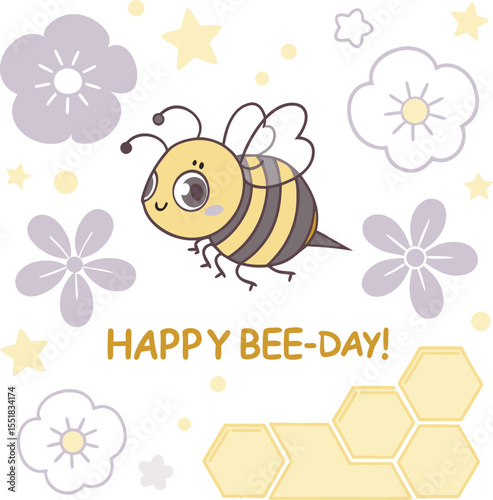 Happy Bee Day Kawaii Card Pastel Honeycomb And Cute Bee Illustration
