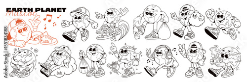 Retro groovy characters planet earth. Mascot Characters in various poses. The concept of protecting the environment and the planet. In retro monochrome palette.