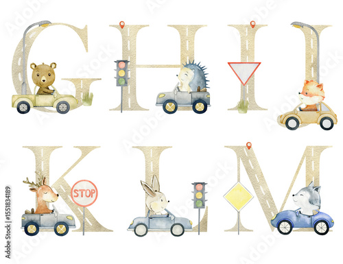 Wallpaper Mural Watercolor woodland animals in the cars letters for invitation card, nursery poster and other. Torontodigital.ca