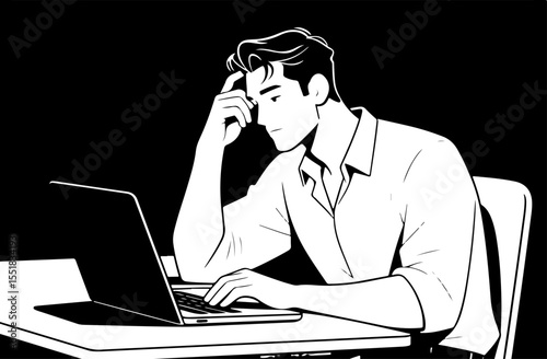 Focused Businessman Thinking at Desk with Laptop – Black and White Vector Illustration