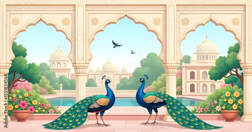 Traditional Mughal garden with arch, peacock, and botanical elements — chinoiserie palace vector illustration for elegant wallpaper, decor, and design