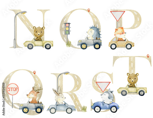 Wallpaper Mural Watercolor woodland animals in the cars letters for invitation card, nursery poster and other. Torontodigital.ca