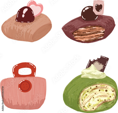 Crochet of Japanese cakes viral vector art. Cakes with crochet pattern clipart.
