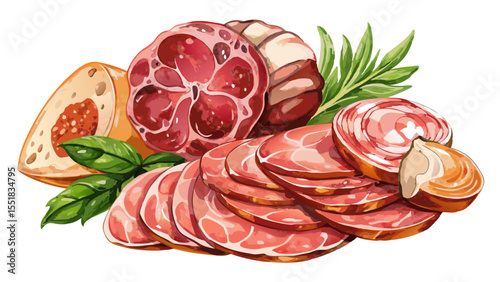 A rustic plate of ham, salami, and sliced cold cuts painted in watercolor captures mouthwatering detail. The white background enhances each element’s color, making the food artfully appetizing and bal