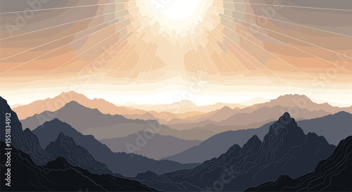 Pixel Art Sunrise Over Misty Mountain Range