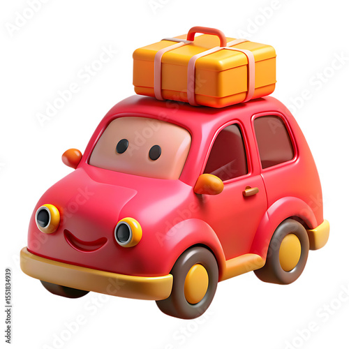 Cute cartoon red car with orange suitcase on roof isolated on transparent background