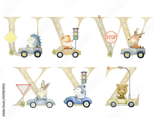 Wallpaper Mural Watercolor woodland animals in the cars letters for invitation card, nursery poster and other. Torontodigital.ca