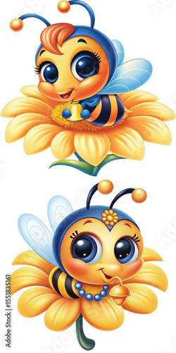 Cute cartoon bees sitting on flowers with joyful expressions, colorful and vibrant background
