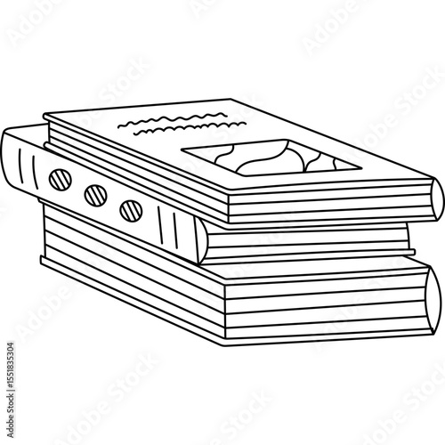 Lovely line doodle lying stack of textbooks and fiction with diverse book covers. Funny pile of literature for bookshop, library, learning at school, university. Encyclopedia, dictionary, novels.
