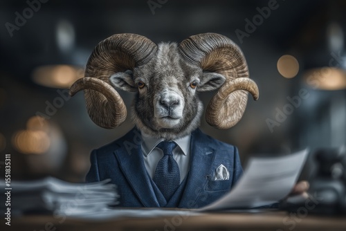 An anthropomorphic ram, dressed in a businessman's suit, represents a stock-related business concept with enhanced human elements