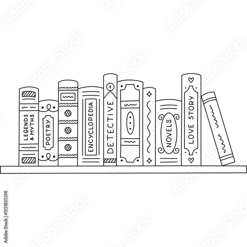 Lovely sketch bookcase with books of different genres. Long bookshelf with fiction literature, encyclopedia, poetry, love story, detective, novel, legend and myths. Reading doodle isolated on white.