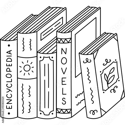 Lovely outline books in hardcover of different genres vertically standing. Funny literature, encyclopedia, novel with diverse book covers. Reading, studying, recreation doodle isolated on background.