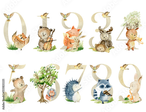 Wallpaper Mural Watercolor musical animals numbers for invitation card, nursery poster and other. Torontodigital.ca