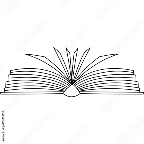 Lovely outline book lying and wide open 180 degrees with pages. Cute hand drawn academic textbook, dictionary, recreational literature. Library, bookstore, reading doodle isolated on background.