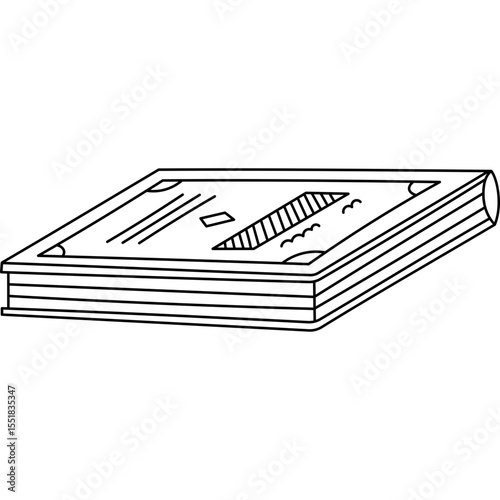 Lovely line doodle lying book, dictionary, encyclopedia or textbook with detailed cover. Cute hand drawn reading, education illustration isolated on white. Children learning, back to school concept.
