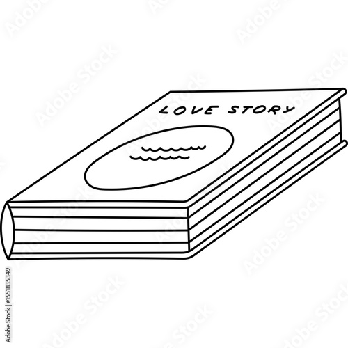 Lovely outline love story book lying on surface. Funny hand drawn romance literature about relationships for pleasure reading at vacation, relax, enjoy. Library, bookstore doodle isolated on white.