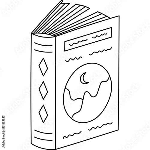 Lovely black and white standing slightly open book with cover with picture of moon and mountains. Cute hand drawn fiction literature, notebook, fantastic stories. Read, knowledge, bookworm doodle.