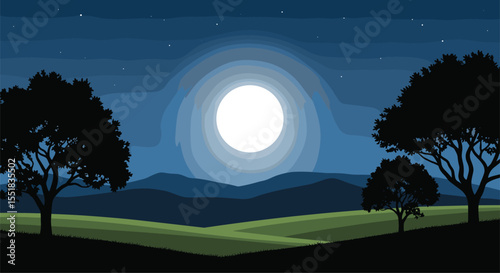 Serene moonlit night landscape with silhouetted trees and rolling hills