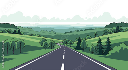 A long highway stretches through rolling green hills under a cloudy sky