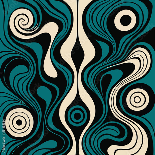 Abstract Surreal Swirling Teal and Black Art O Traced Vector Illustration