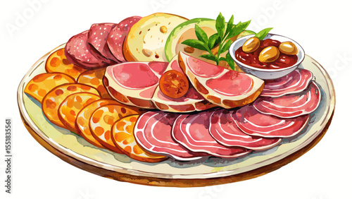 A rustic plate of ham, salami, and sliced cold cuts painted in watercolor captures mouthwatering detail. The white background enhances each element’s color, making the food artfully appetizing and bal