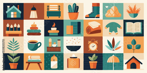 [Home items and symbols of comfort] [in a minimalist style] [to create an atmosphere of comfort] [on a contrasting background]