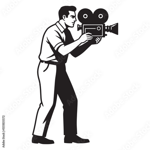 Retro film cameraman holding vintage movie camera ready to film footage on white background