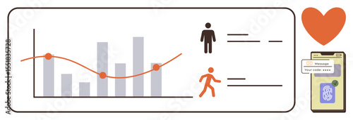 Bar and line chart tracking progress, user profiles, activity data, heart symbol, mobile with notifications. Ideal for health monitoring, fitness, app interfaces, data wellness behavior analysis