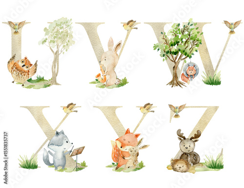 Wallpaper Mural Watercolor musical animals letters for invitation card, nursery poster and other. Torontodigital.ca