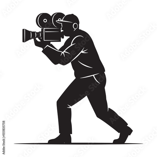 Silhouette of a filmmaker holding vintage movie camera aiming for the best angle