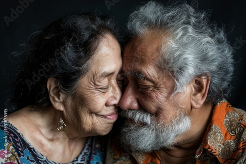 Portrait of a blissful latino couple in their 60s giving a kiss on the forehead