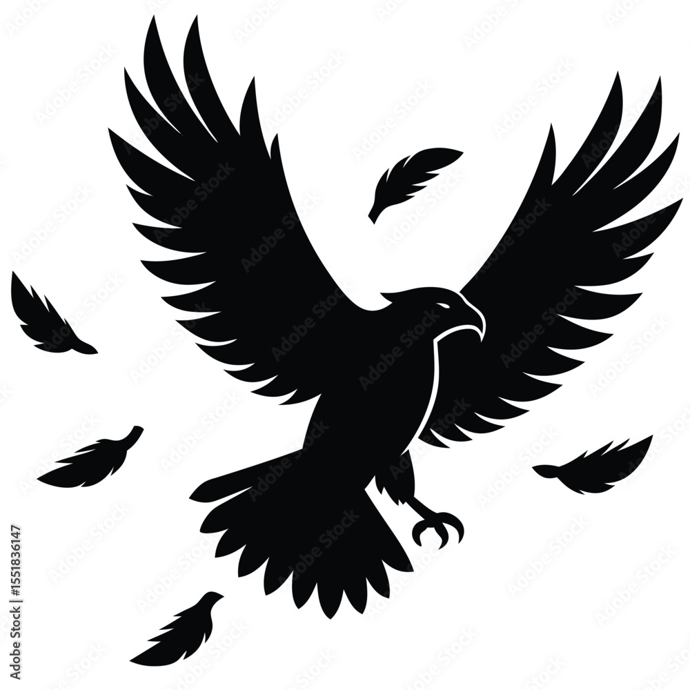 Fototapeta premium A black silhouette of an eagle with feathers flying around it