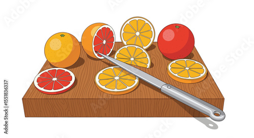 Fresh Citrus Fruits Sliced and Prepared for Juicing on Wooden Board