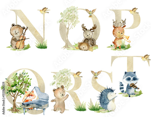 Wallpaper Mural Watercolor musical animals letters for invitation card, nursery poster and other. Torontodigital.ca