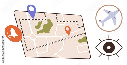 Map with highlighted GPS pins, notification bell, airplane inside a circle, and an eye. Ideal for navigation, travel, tracking, planning notifications security and exploration. Simple flat