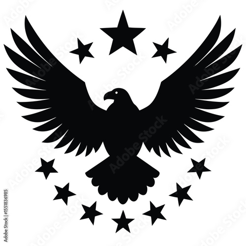 Black silhouette of an eagle surrounded by a circle of stars