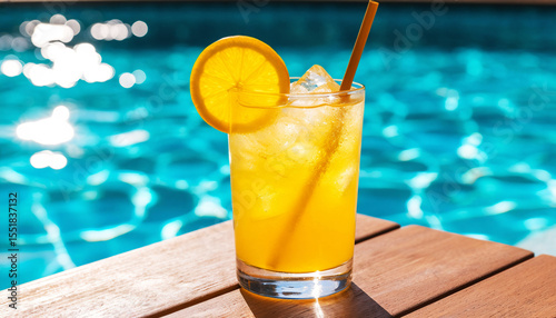 A glass with a cold citrus drink and ice cubes on a wooden poolside table, bright sunlight, outdoor summer setting, vacation context