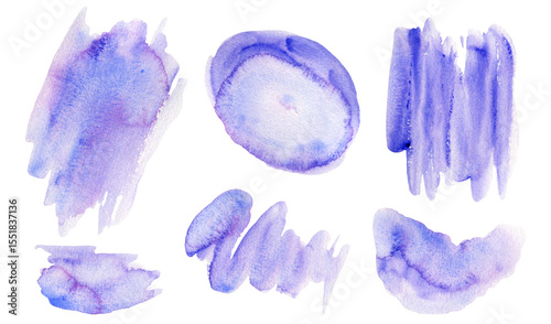 Abstract set of artistic granulate light purple and blue gradient watercolor liquid stains. Vibrant hand painted bright ultramarine violet textured watercolour blobs for banner design, poster