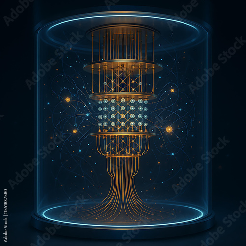 Quantum computer core in glowing cryo chamber, particles entangled visually, with ambient lighting	
