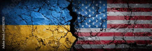 national flag of USA and Ukraine with cracks in concrete wall